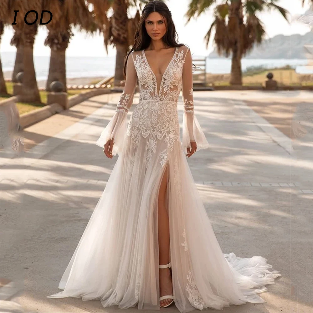 

I OD Modern V-Neck Wedding Dress Lace Appliques Long Sleeves Illusion Button Tulle Bridal Gown Floor Length Vestidos De Novia