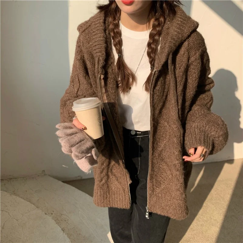 

Women Hooded Twist Sweater Zipper Long Sleeve Crochet Outerwear Autumn Winter Oversize Knitted Cardigan Female Casual Coats 2023