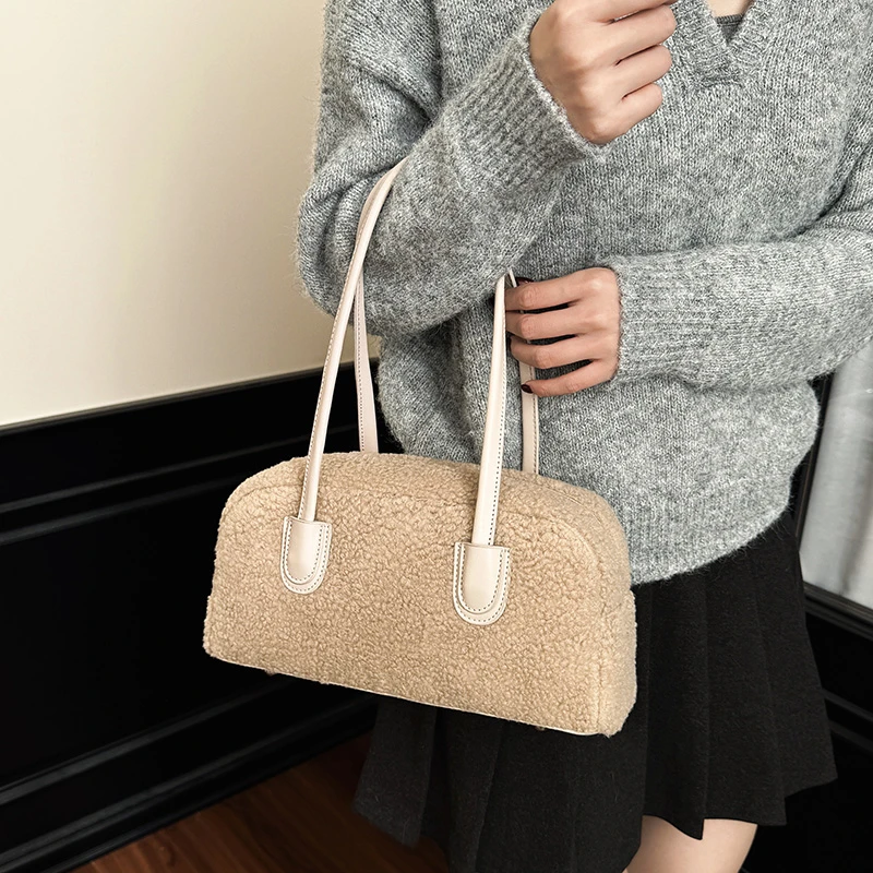 Winter-Pendler-Umhängetaschen für Damen, 2025, luxuriöse Designer-Handtaschen aus Lammwolle, große lässige Tasche, große Kapazität, Kissen-Unterarmtasche – Detail 6