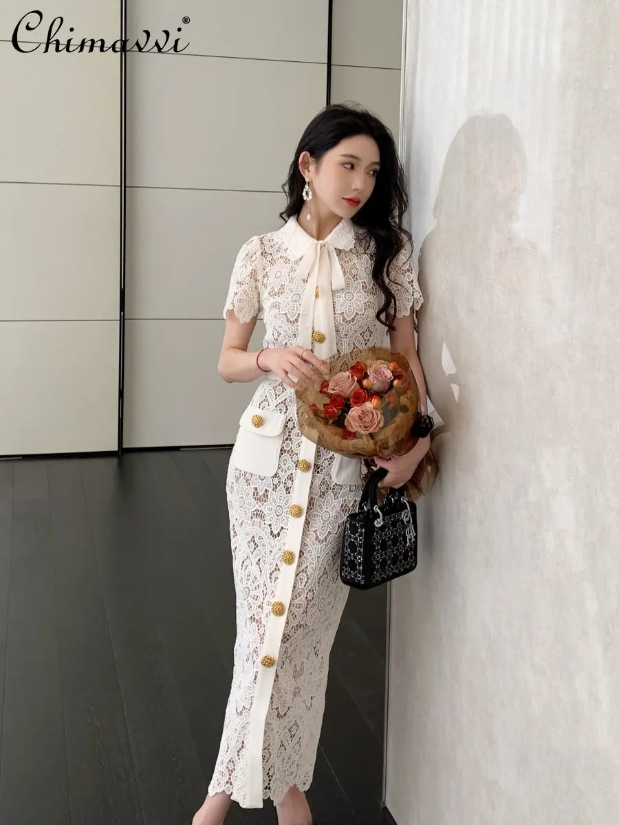 

High-End Luxury Dresses Women's Lace French Retro Bow Tie Short Sleeve Lapel Dress 2023 Summer New Slim Temperament Long Dress