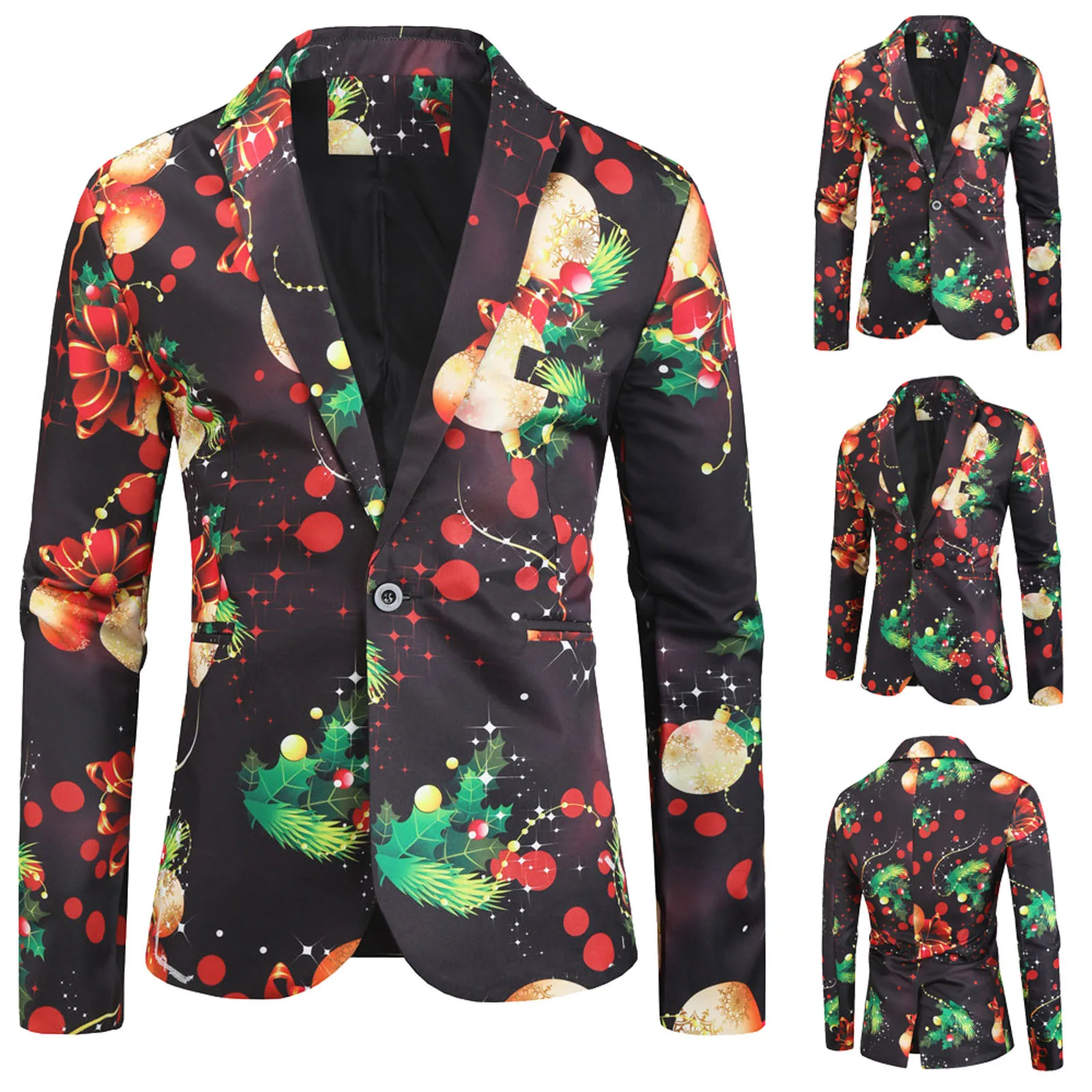 Men's Christmas Suit Santa Printed Lapel Warm Winter Fashion Button Coat Blazer Long Sleeve Casual Loose Jacket Male Cardigan