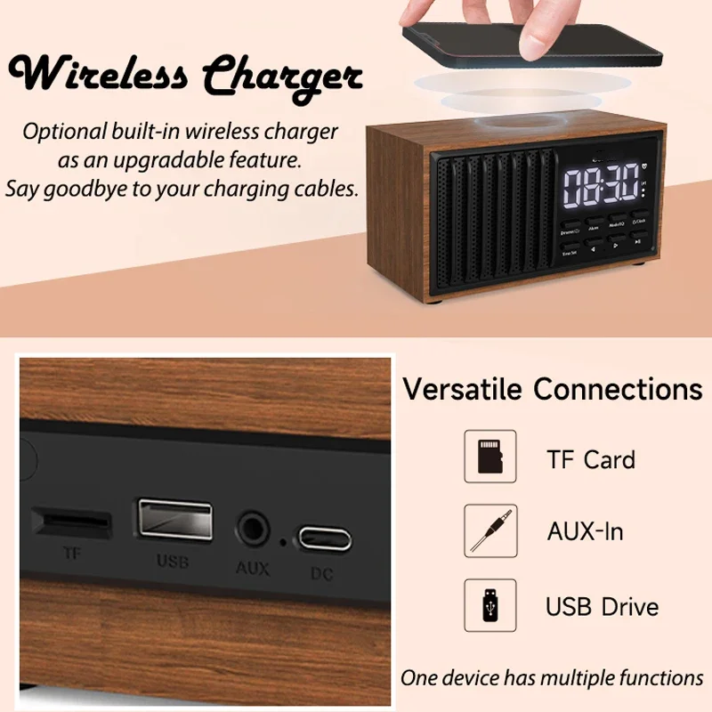 Mini Portable Woode Retro FM Radio Wireless Charger Bluetooth Speaker Handsfree Call Music Player Support Alarm Clock TF USB AUX