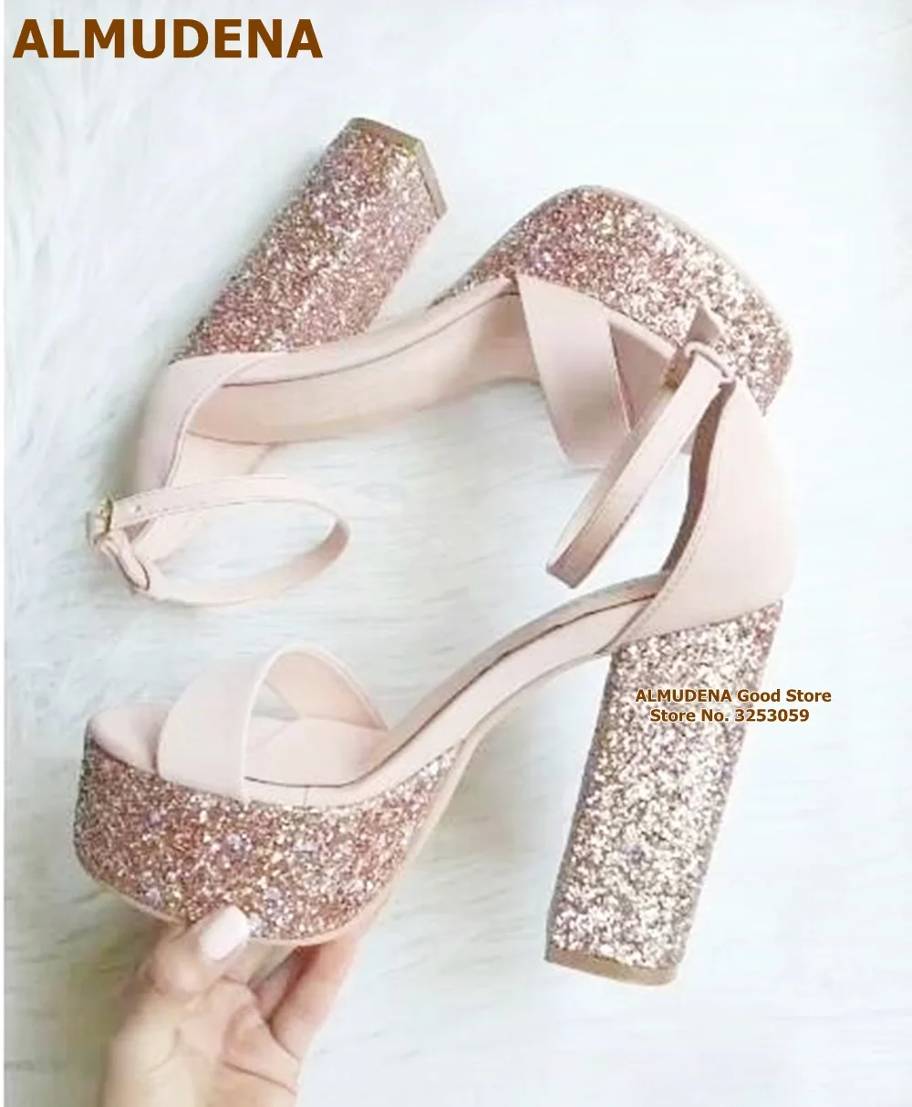 

ALMUDENA Gold Bling Bling Sequined Chunky Heel Sadanls Glitter Platform Nude Suede Patchwork Bride Shoes Nightclub Sexy Pumps