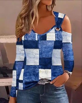 Fashion Woman Blouse 2023 Spring Denim Look Print Cold Shoulder Eyelet Casual Long Sleeve Daily T-Shirt Top Y2K Clothes 1