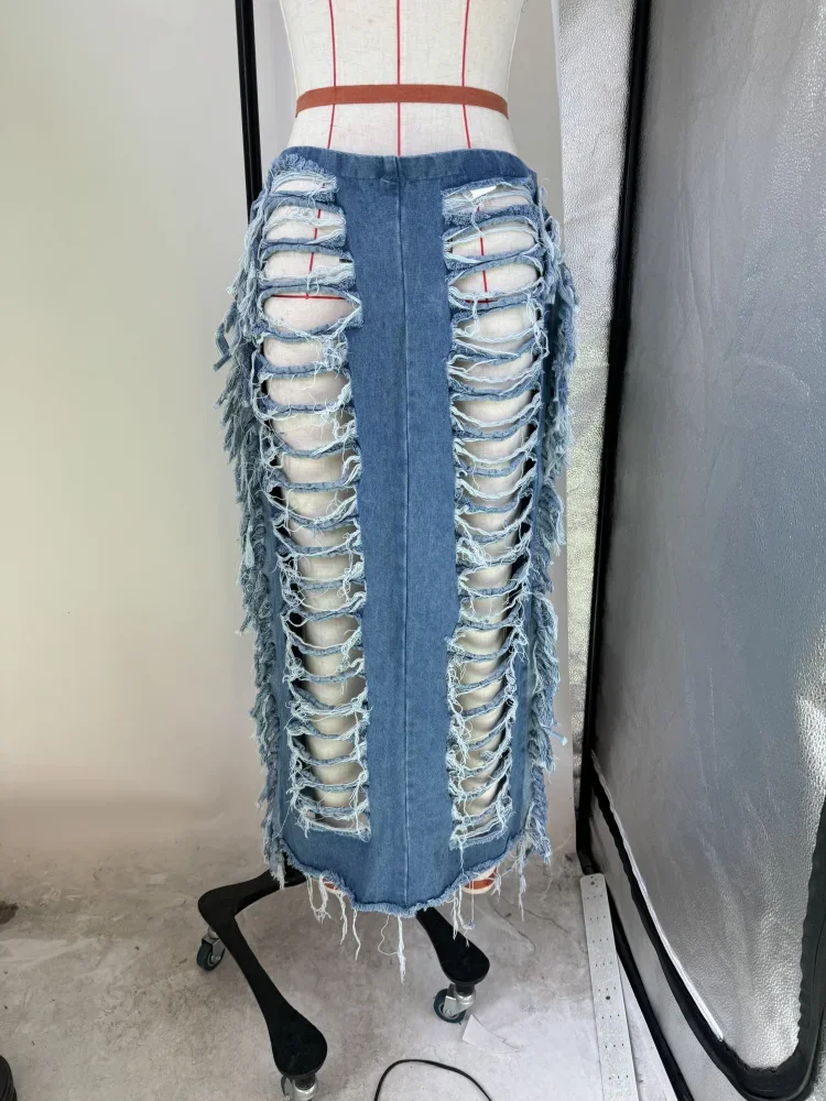Women Fashion Ripped Out Hollow Out Tassel Pencil Maxi Long Denim Skirts Street High Waist Zipper Bodycon Jean Skirts