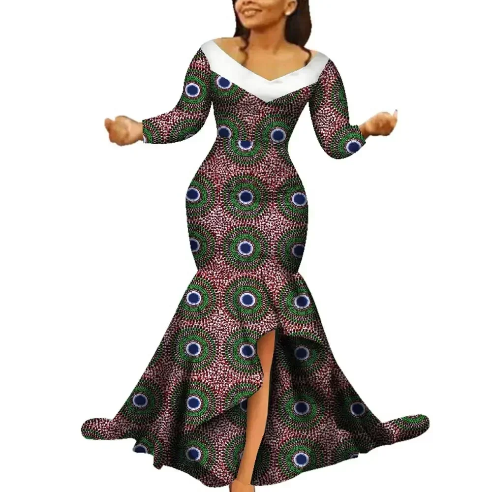 New Dashiki African Print Dresses Bazin Long Fishtail Dress for Wedding Party Vestidos African Dresses for Women WY5759
