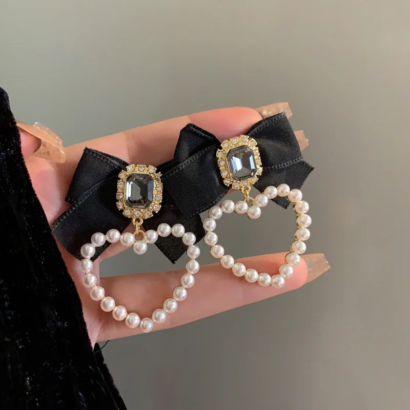 Bow Clip Earrings For Women Retro Rhinestone Black BowKnot Heart Shaped Party Jewelry