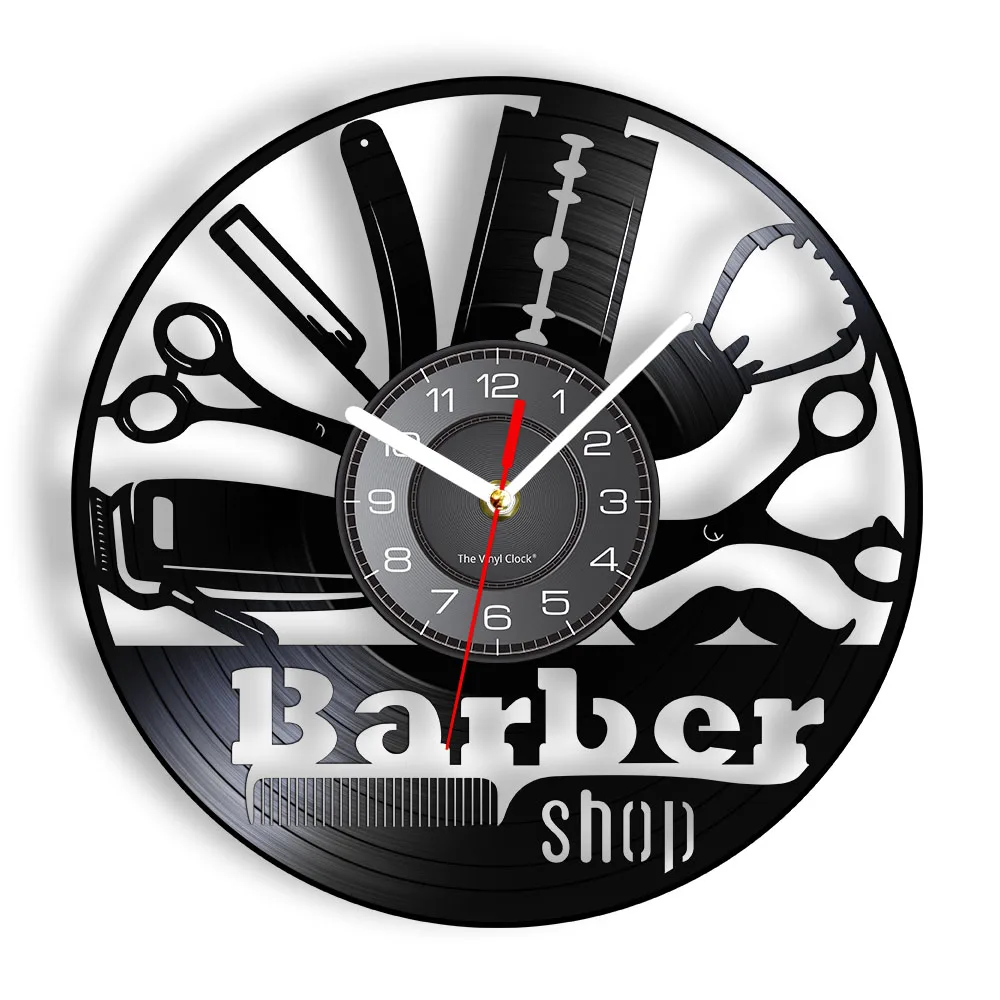 

Barber Logo Wall Clock Barber Shop Wall Decor Salon Shop Haircut Vinyl Record Wall Clock Grooming Hairdresser Hairstylist Clock