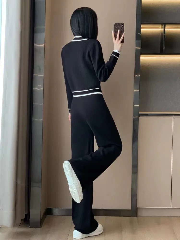 Tesco Women's Suit Blazer And Pants Knitting 2 Pieces Set High Quality Cardigan And Wide Leg Pants For Office Lady ropa de mujer