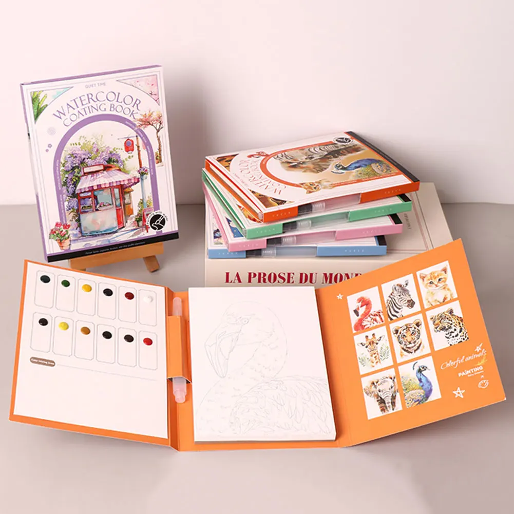 성인을위한 수채화 색칠하기 책 스트레스 릴리프 접이식 그림 패드 DIY Tri-Fold Art Kit All In 1 수채화 키트 아트 공급