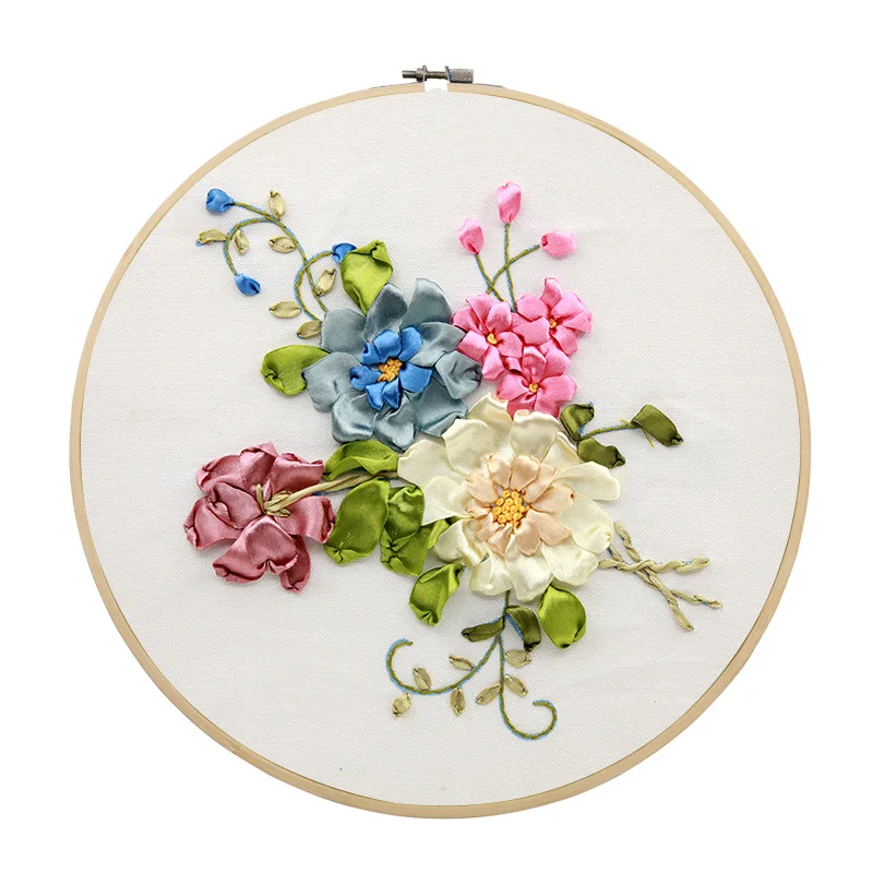 Silk Ribbon Embroidery Kit Handmade DIY Material Pack Flower Pattern Su Embroidery Set Semi finished Sewing Home Decoration