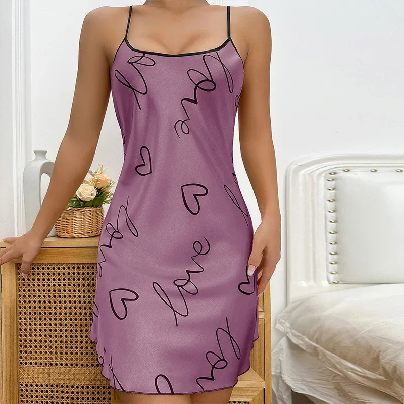 

Sexy Print Nightgown Women Spaghetti Strap Nightdress Loungewear Summer Chemise Sleepwear Morning Gown Silky Satin Home Dress