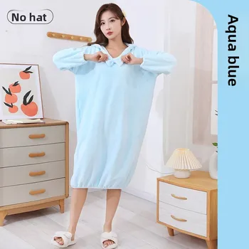Hooded Coral Fleece Bathrobe Thick Absorbent Long Sleeve Women Winter Home Bath Towel Robe