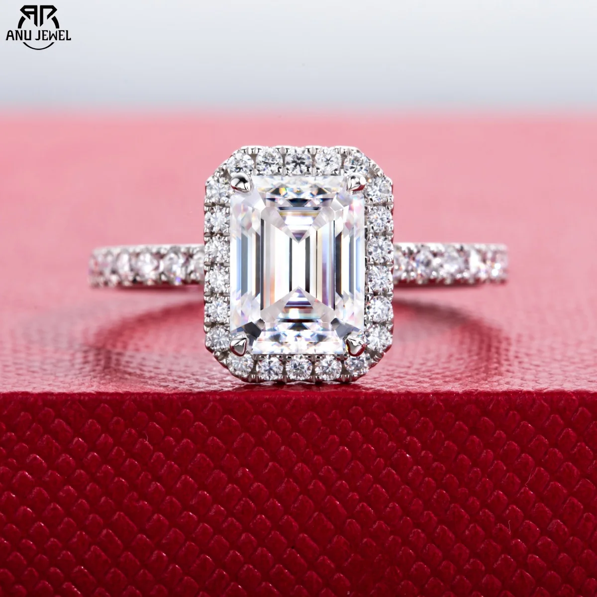 AnuJewel 14K Real White Gold 2ct Emerald Cut D Color Moissanite Halo Engagement Rings Yellow Gold Promise Ring for Women