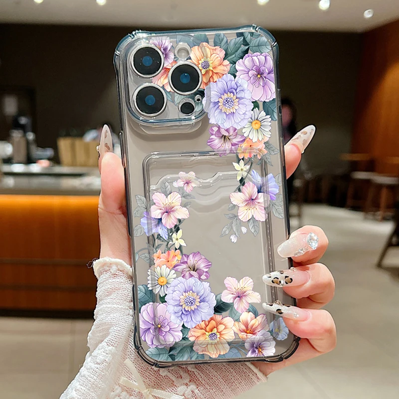 Floral Shockproof Clear TPU Phone Cover with Card Slot Pocket