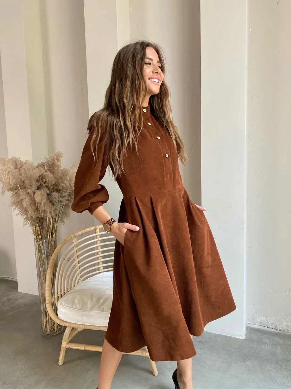 Midi de PANA con manga acampanada mujer, prenda informal con cuello y pliegues con botones, Estilo Vintage, para fiesta, otoño invierno, 2022|Vestidos| - AliExpress