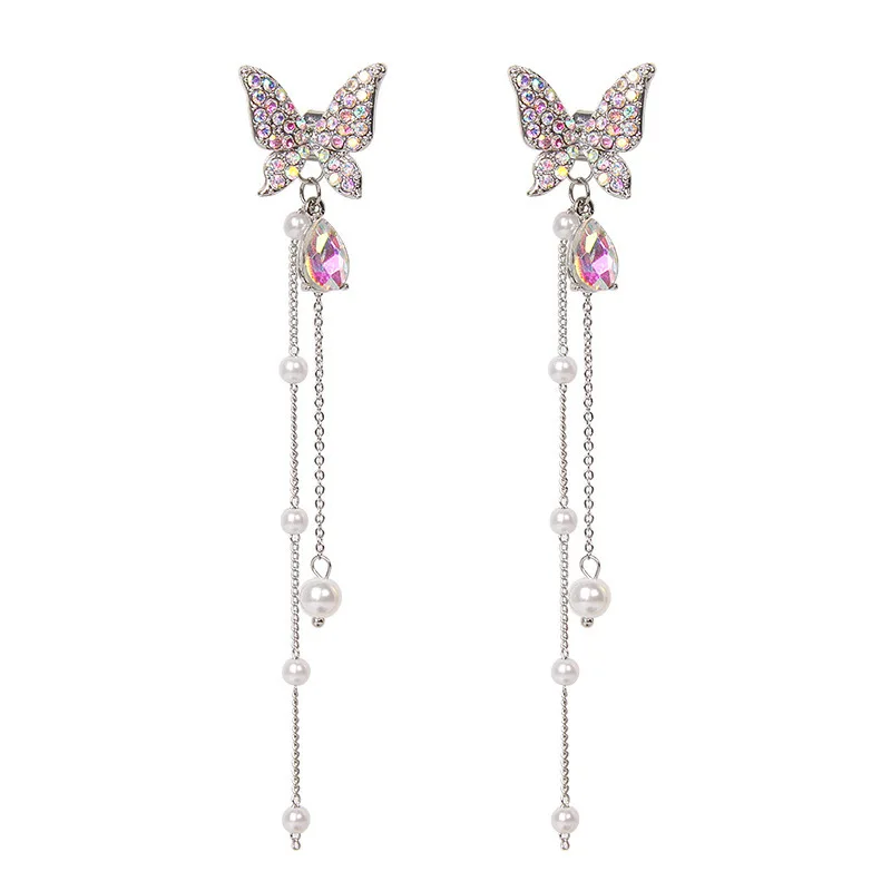 Saef89988a84b4c8d8240b78a249f26ce6 925 Silver Needle Korean Purple Crystal Butterfly Earrings For Women Jewelry Trending Luxury Long Pearl Tassel Earrings Mallzona