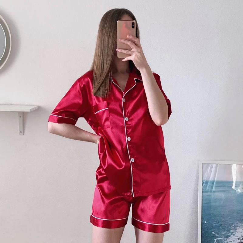 

Short Sleeve Ice Silk Pajamas Suit for Women Summer New Two-piece Homewear Thin Nightwear Satin Sleepwear Casual Sleep Pyjama