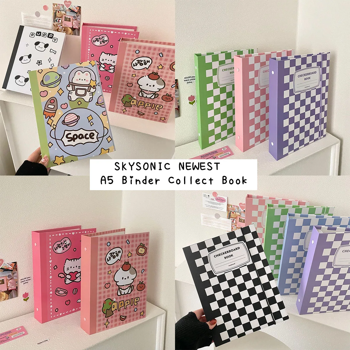 SKYSONIC A5 Binder Collect Book with Kawaii Grid Cover for Photos, Postcards & DIY Projects