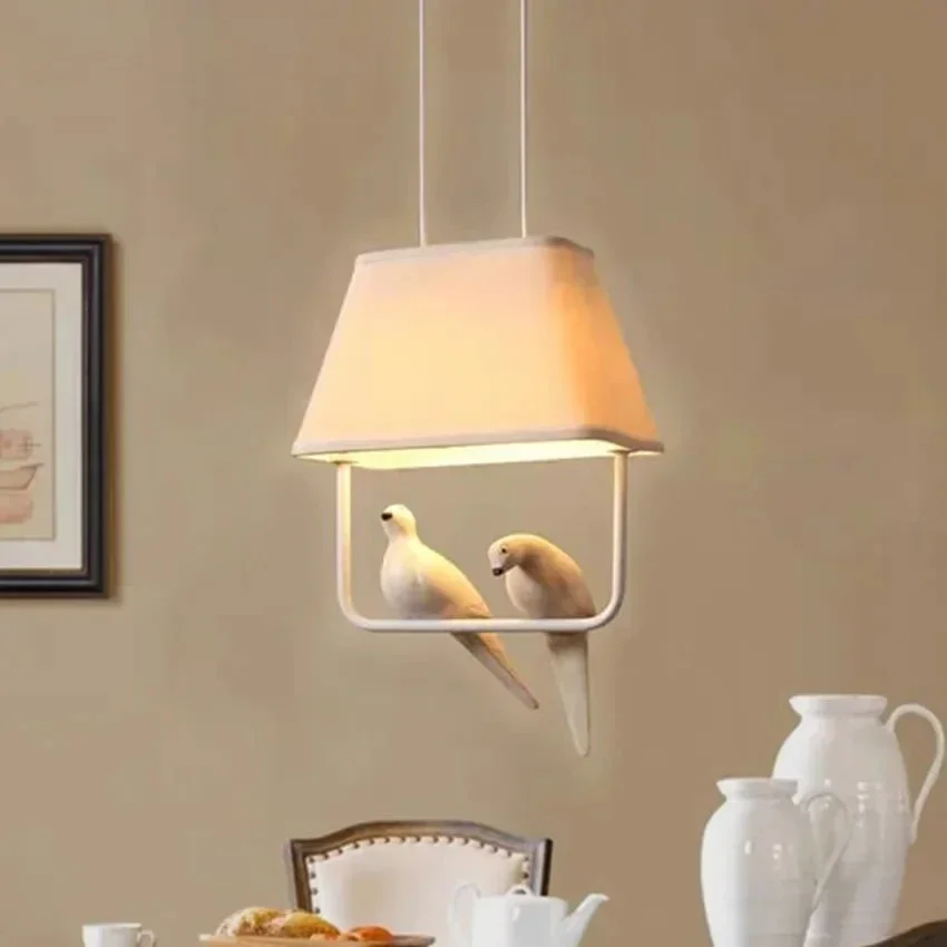 Nordic Style Three-headed Birds Lamp Restaurant Bedroom Personalized Children Room Modern Simple Resin Linen Fabric Bird Lamps