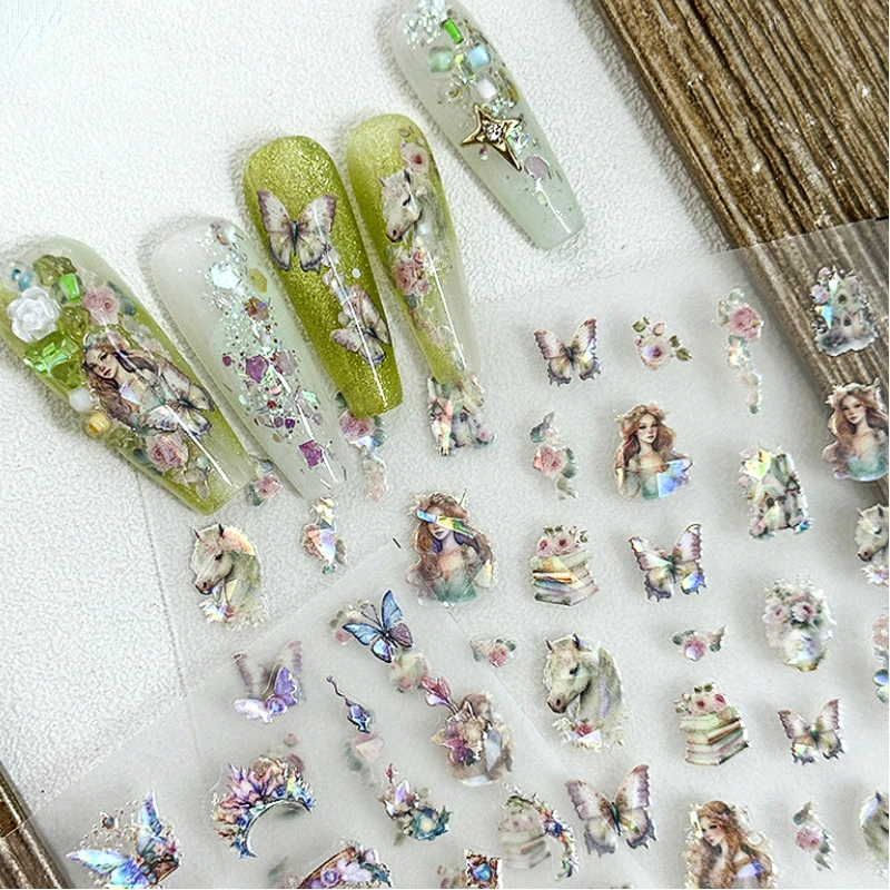 Cute Girl Fantasy Horse Book Flower Shiny Butterfly Self Adhesive Nail Art Decoration Sticker Pretty Japan 3D Manicure 5D Decals 2