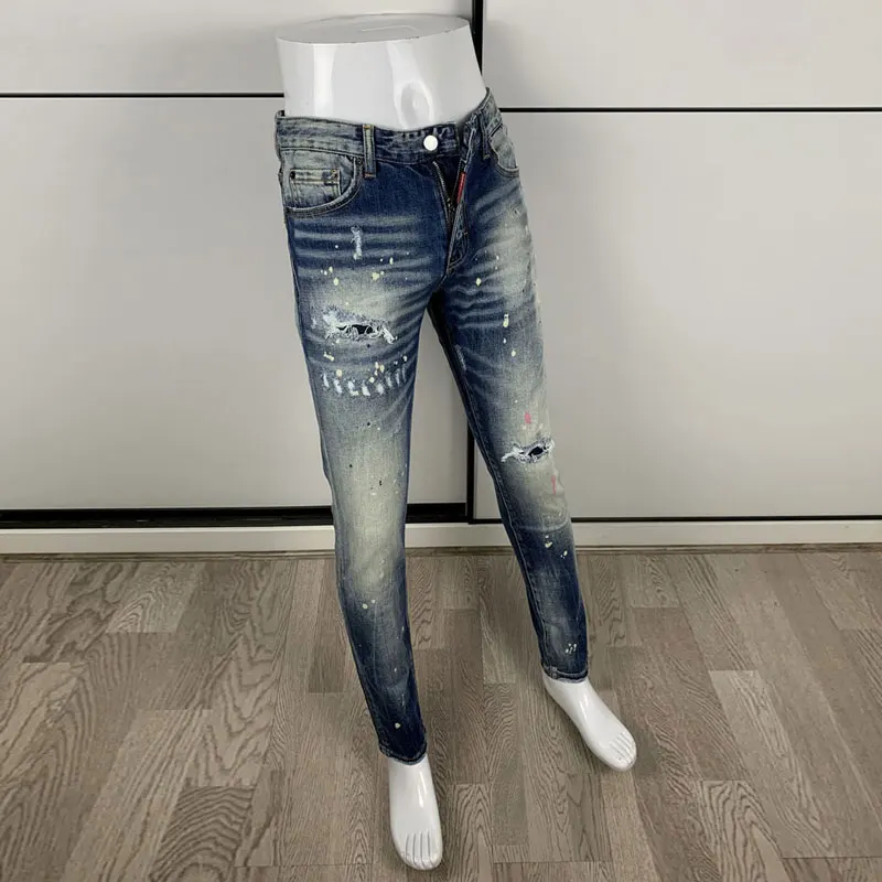 Street Fashion Men Jeans High Quality Retro Washed Blue Stretch Slim Fit Ripped Jeans Men Painted Designer Hip Hop Brand Pants