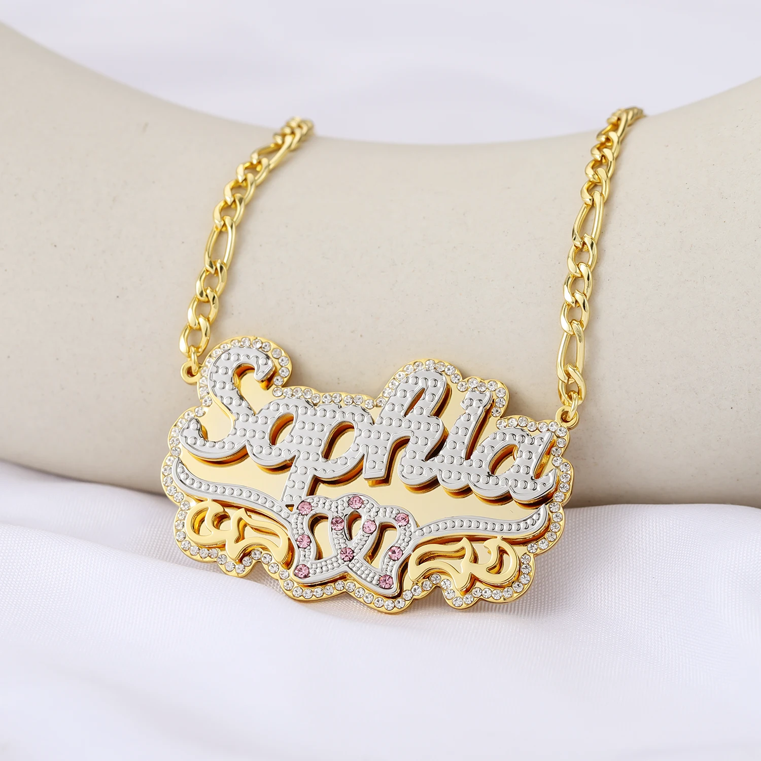 Dascusto Personalized Nameplate Name Necklace Custom 3D 18KGold Plated Double Diamond Choker Pendant Two-Tone  Chain For Women