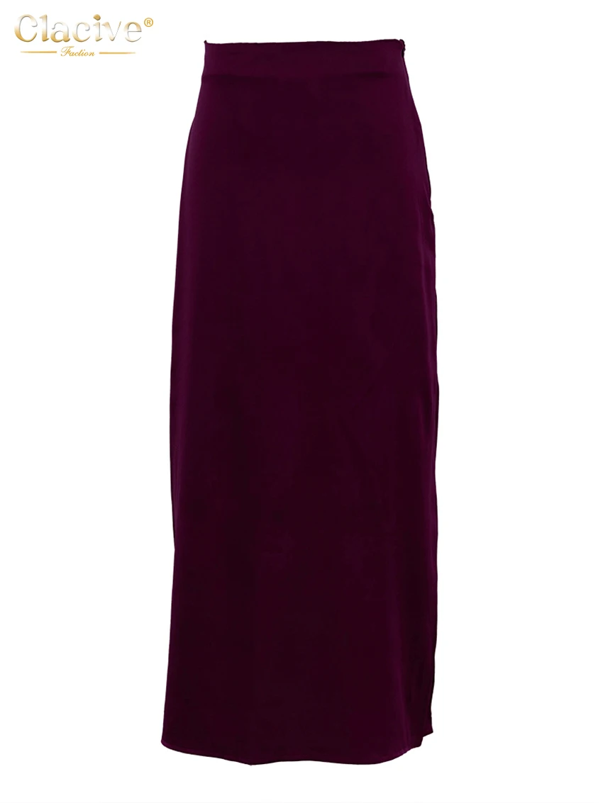 Clacive Fashion Loose Wine Red Satin Skirts For Women Elegant High Waist Ankle Length Skirt Casual Simple Skirt Female Clothing 5