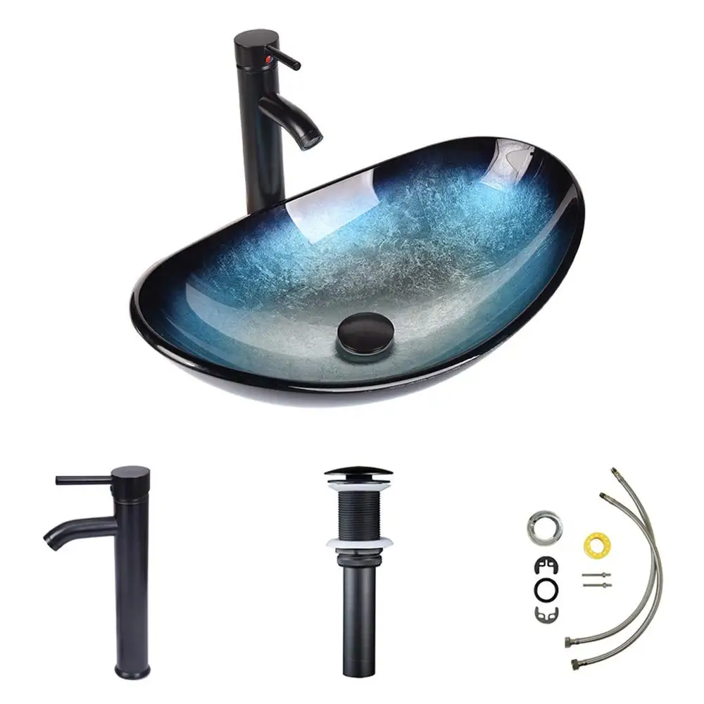 Modern Glass Vessel Sink Basin Set with ORB Faucet Countertop Combo Kit and Pop-up Drain Unique Transparent Design Durable 3