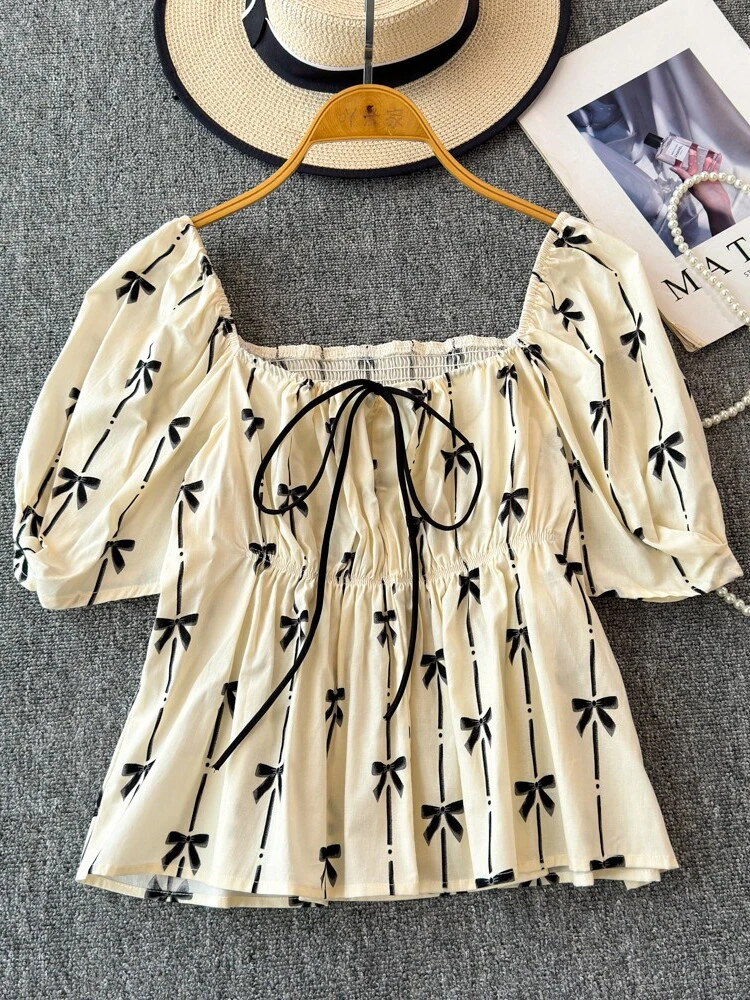 Retro Square Neck Puff Sleeve Chiffon T-Shirt For Women Summer Chic Short Sleeved Floral Tops Simple Slim Thin Female Tees