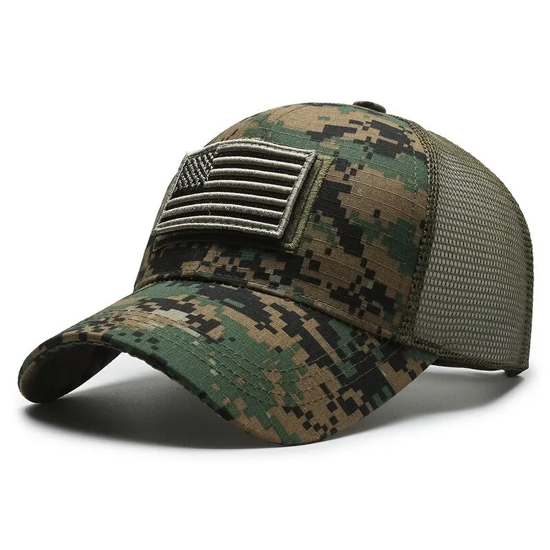 Amerikanische Flagge Camouflage Aufkleber bestickt Baseball Cap Netz Hut Männer Outdoor Klettverschluss Kappe_voghion.com