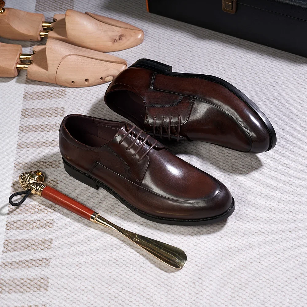 Italian Style Men Derby Shoes Handmade Genuine Leather Plain Toe Lace-Up Business Office Wedding Formal Dress Shoes for Men