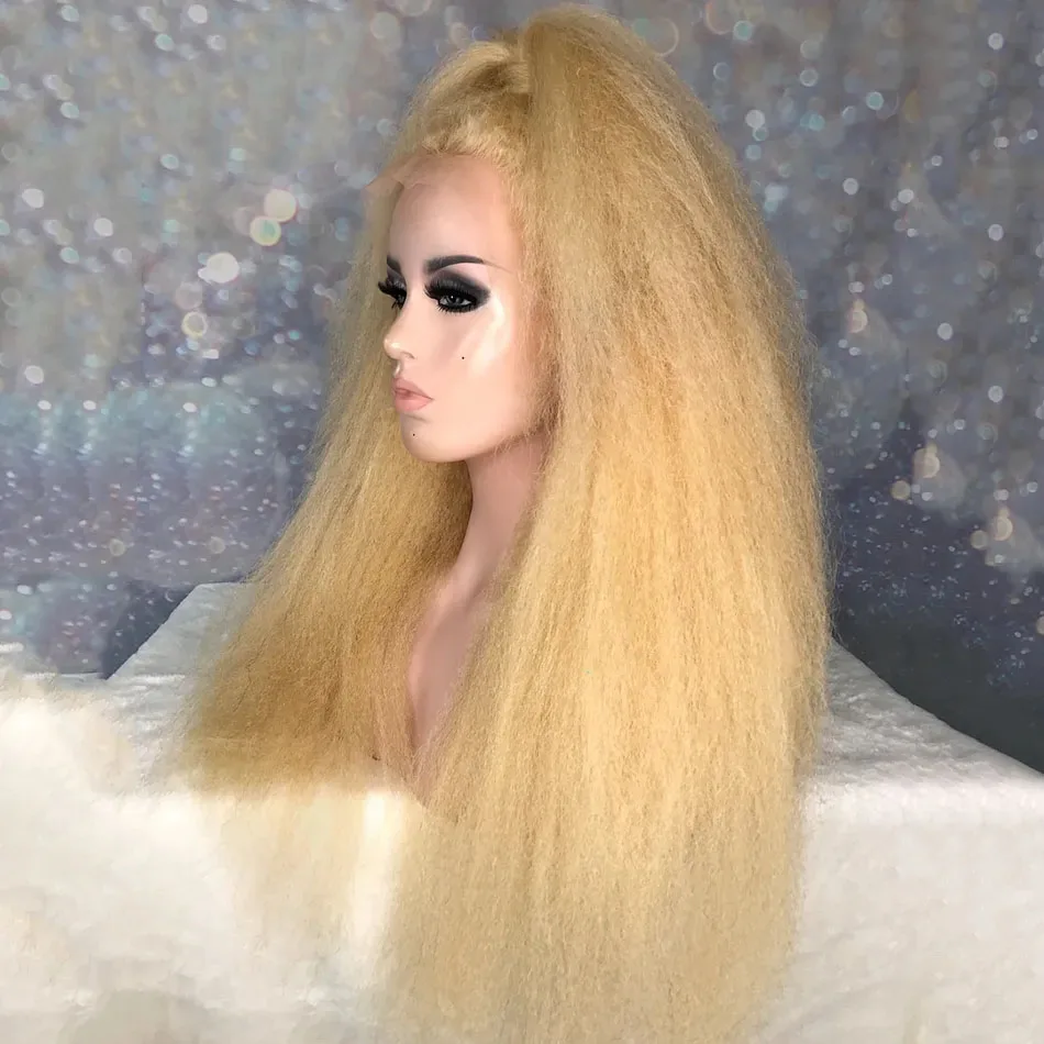 Transparent Lace 613 Blonde Kinky Yaki Straight Lace Front Wig For Women Glueless Pre Plucked Cosplay Daily Wear Fiber