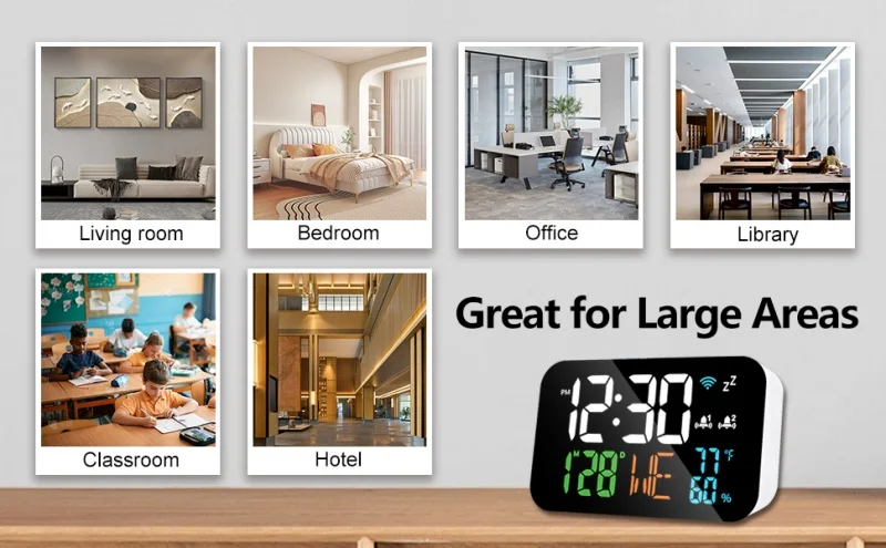 Description Picture 5 of itemDigital Alarm Clock WIFI Synchronized Time TEMP Humidity Date 2 Alarms Unlimited Snooze Table Clock 12/24H USB Powered LED Clock