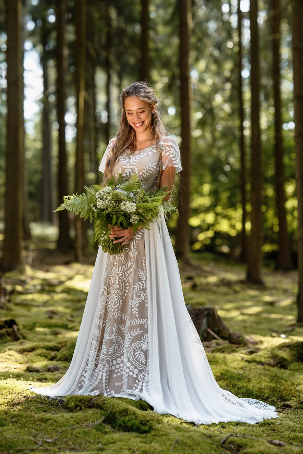 Mryarce Vintage Spitze Brautkleid Chiffon A-Linie Brautkleider mit kurzen Ärmeln – Detail 12