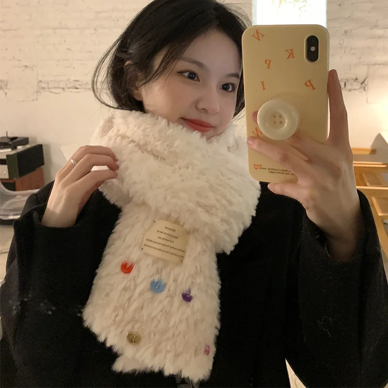 

Korean Style Ins Fashion Colorful Button Plush Female Season Warm Thickened Cute Scarf for Students