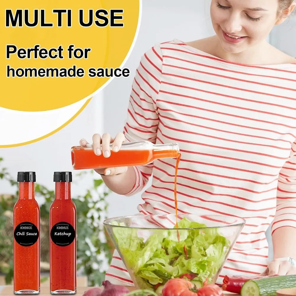 Mini Hot Sauce Bottles 5 oz, 24 Pack Glass Woozy with Shrink Capsules, Vanilla Extract Labels, Funnel, Dripper Inserts,Pepper 3