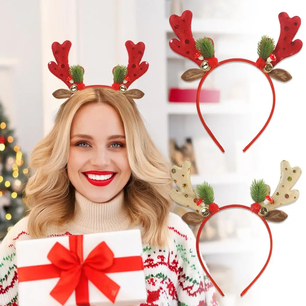 Christmas Headband Elk Horn Headband With Bell Sequin Xmas Lightweight Hair Band For Kids Festive Photo Props Decor