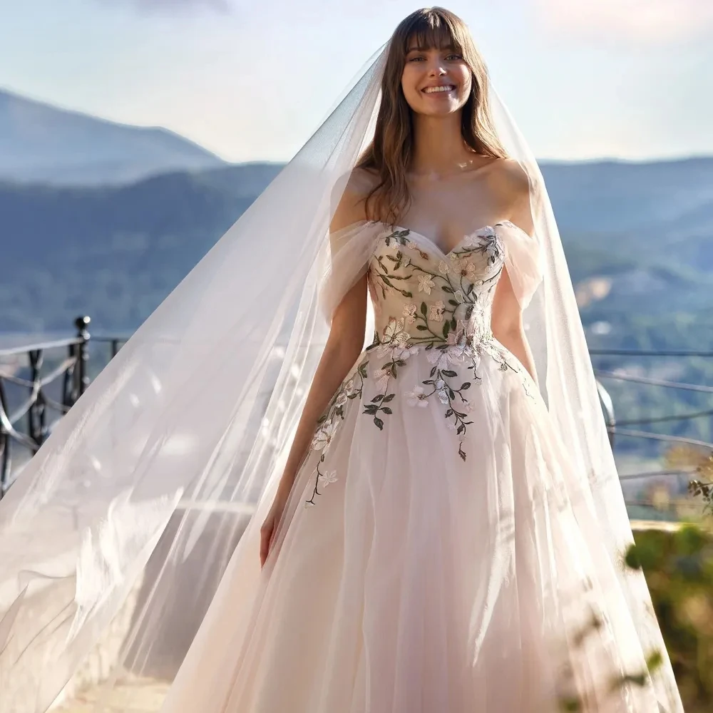 Luxus neue elegante lange Brautkleid von der Schulter klassische V-Ausschnitt Applikationen Brautkleider einfache A-Linie Vestido de Novia