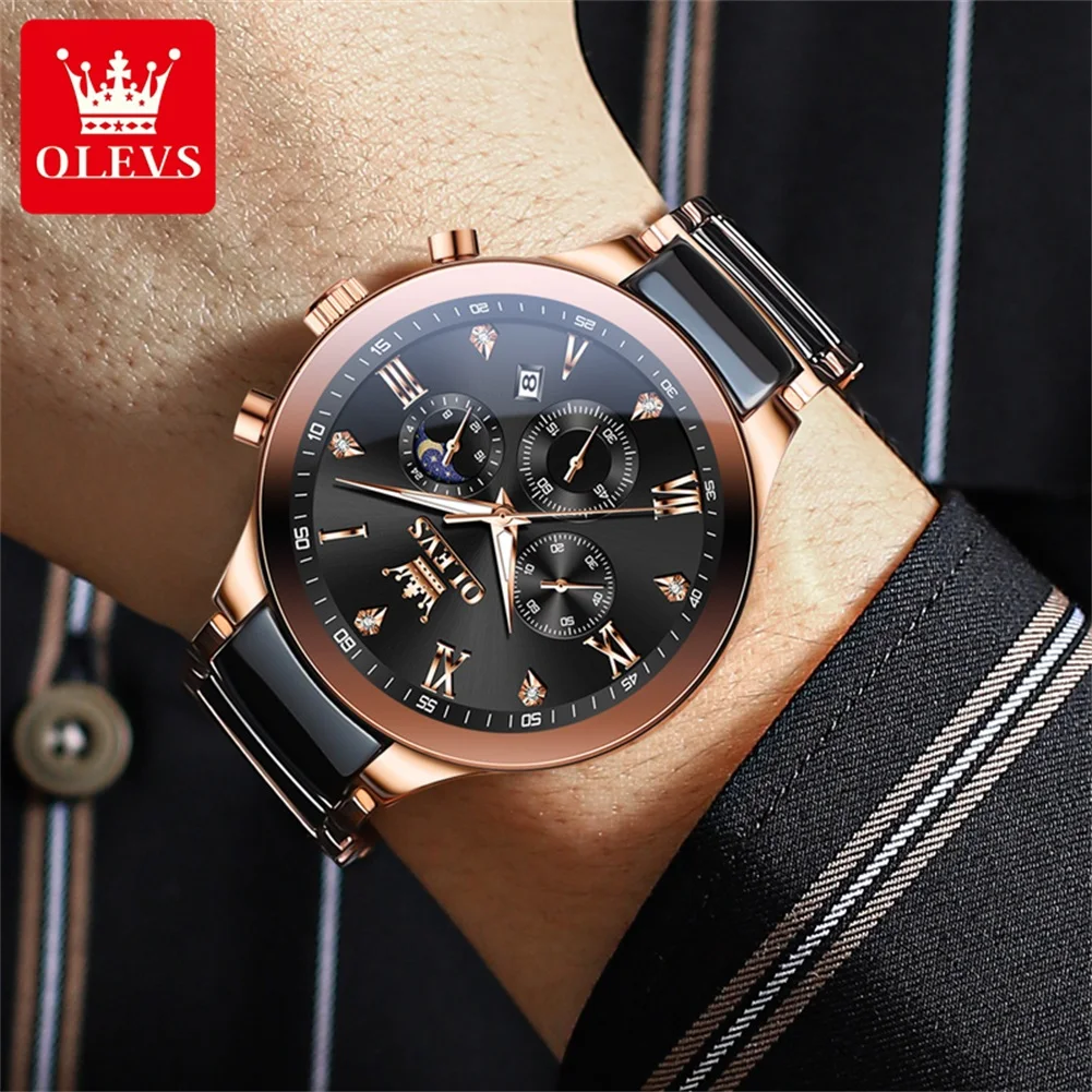 OLEVS 7004 Men's Watches Ceramic Band Chronograph Date Luminous Waterproof Luxury Quartz Watch Man TOP Brand Men Wristwatch Gift