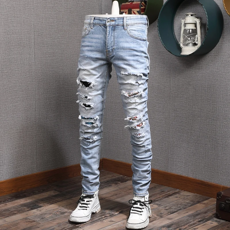 Street Fashion Men Jeans Retro Light Blue Elastic Slim Fit Destroyed Ripped  Jeans Men Patch Designer Brand Hip Hop Denim Pants _ - AliExpress Mobile