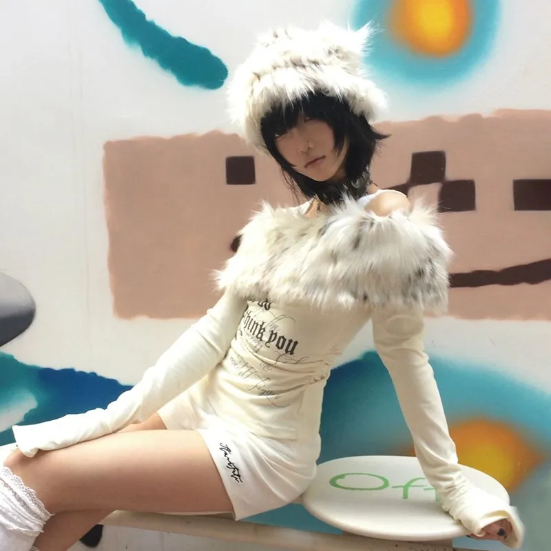 Karrram Japanese Y2k Fur Collar Tops 2000s Aesthetics Off Shoulder Knit Tops Vintage Harajuku Letter Print Long Sleeve T-shirt 4