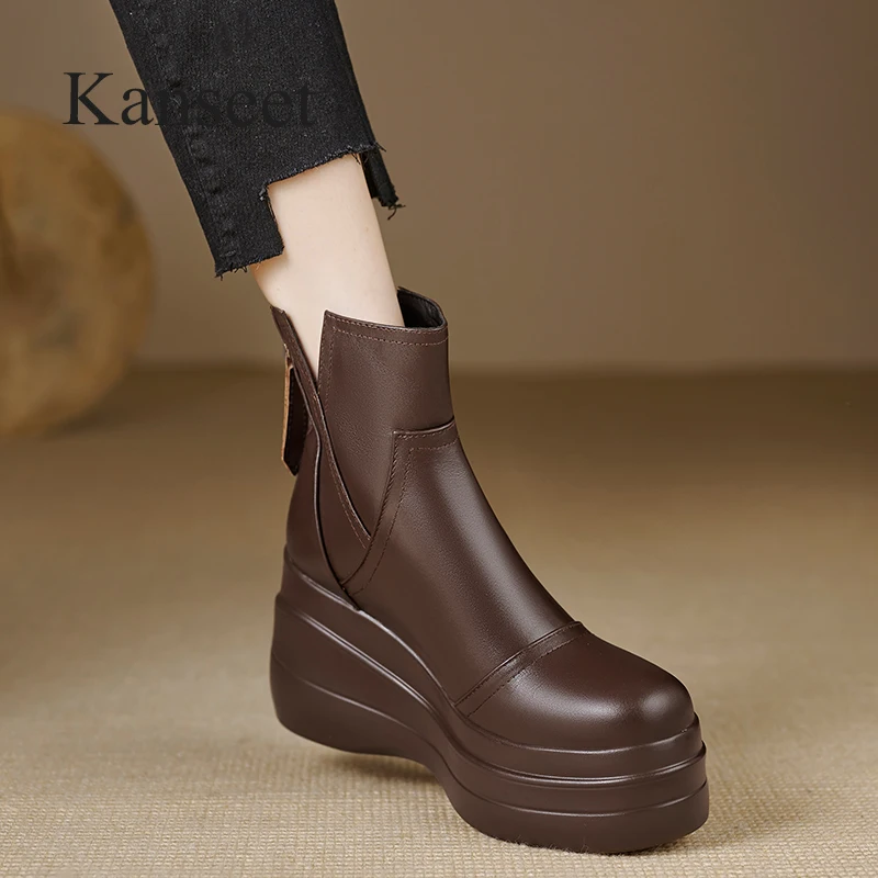 

Kanseet Genuine Leather Women Short Boots Autumn Winter Platform Shoes Round Toe Lady Chunky High Heels Zip Ankle Boots Black 40