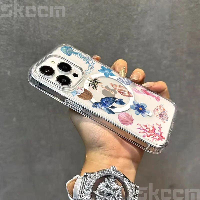 Ocean Life Theme Clear Phone Case with Magnetic Wireless Charging Cover