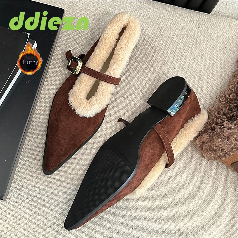 

Wool Lamb Shoes Ladies Flats Mary Janes Female Shallow Buckle Strap Footwear Autumn Winter Fashion Pointed Toe Women Fur Shoes
