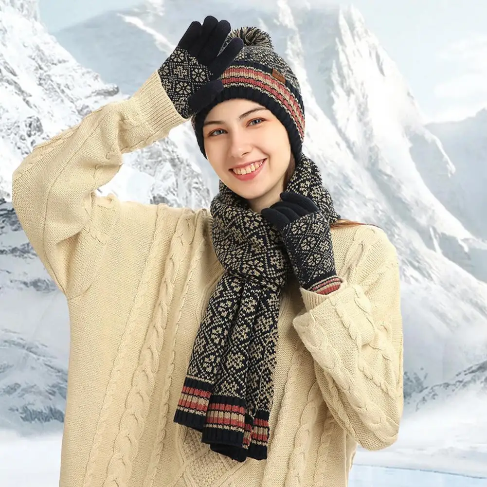 

Jacquard Warm Hat Scarf Gloves Jacquard Knit Beanie Hat Long Scarf Touchscreen Gloves Set with Fleece Lining for Women's Winter