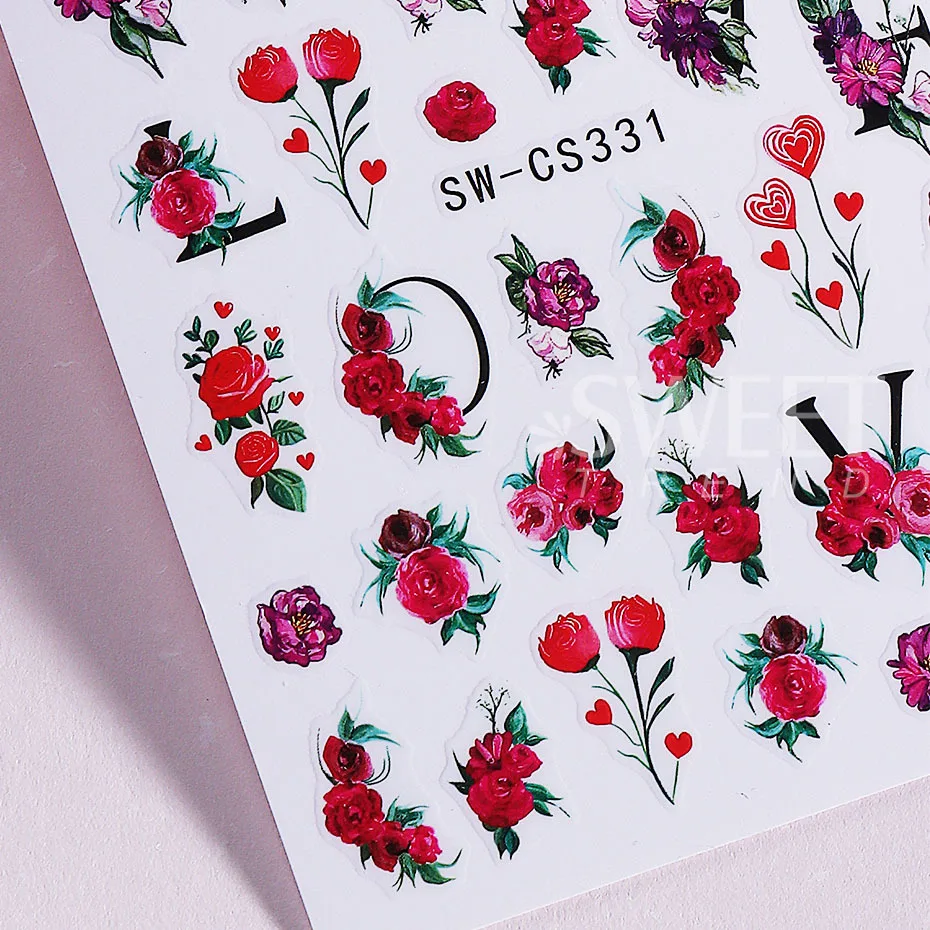 2pcs Valentine's Nail Stickers Red Rose Flower Peony Floral Leaves Adhesive Sliders DIY Elegant Manicure Decoration Decals Tools