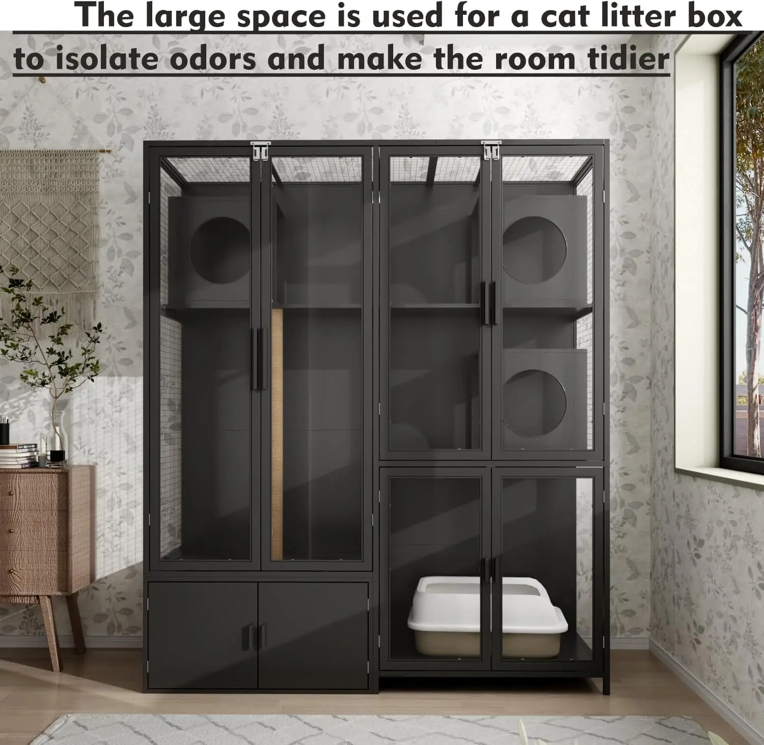 63" Cat Litter Box Enclosure, 3 Rooms, Acrylic Doors and Scratching Post, Extra Large Hidden Decorative Litterbox Cabinet Cages