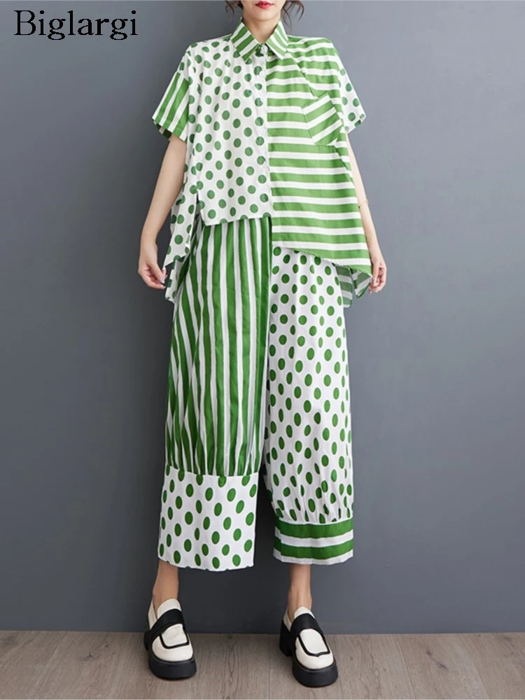 

Oversized Summer Striped Polka Dot Print 2 Two Piece Set Women Irregular Pleated Modis Ladies Blouses Wide Leg Loose Woman Pants