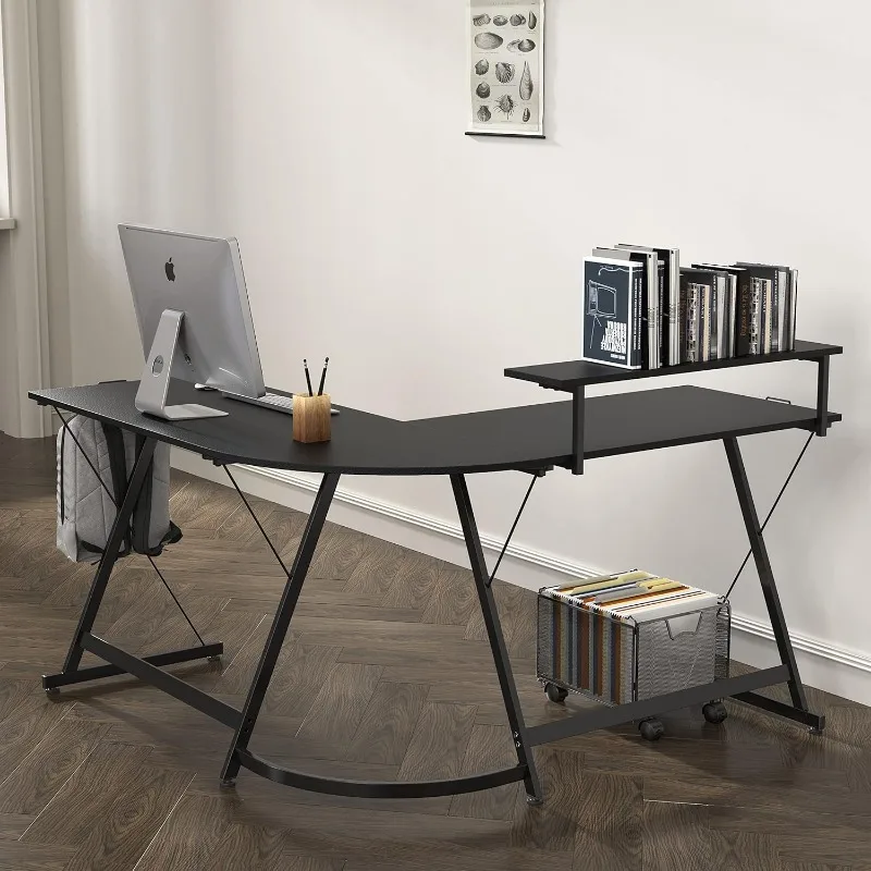 Vista L-Shape Desk with Monitor Stand, Black 6